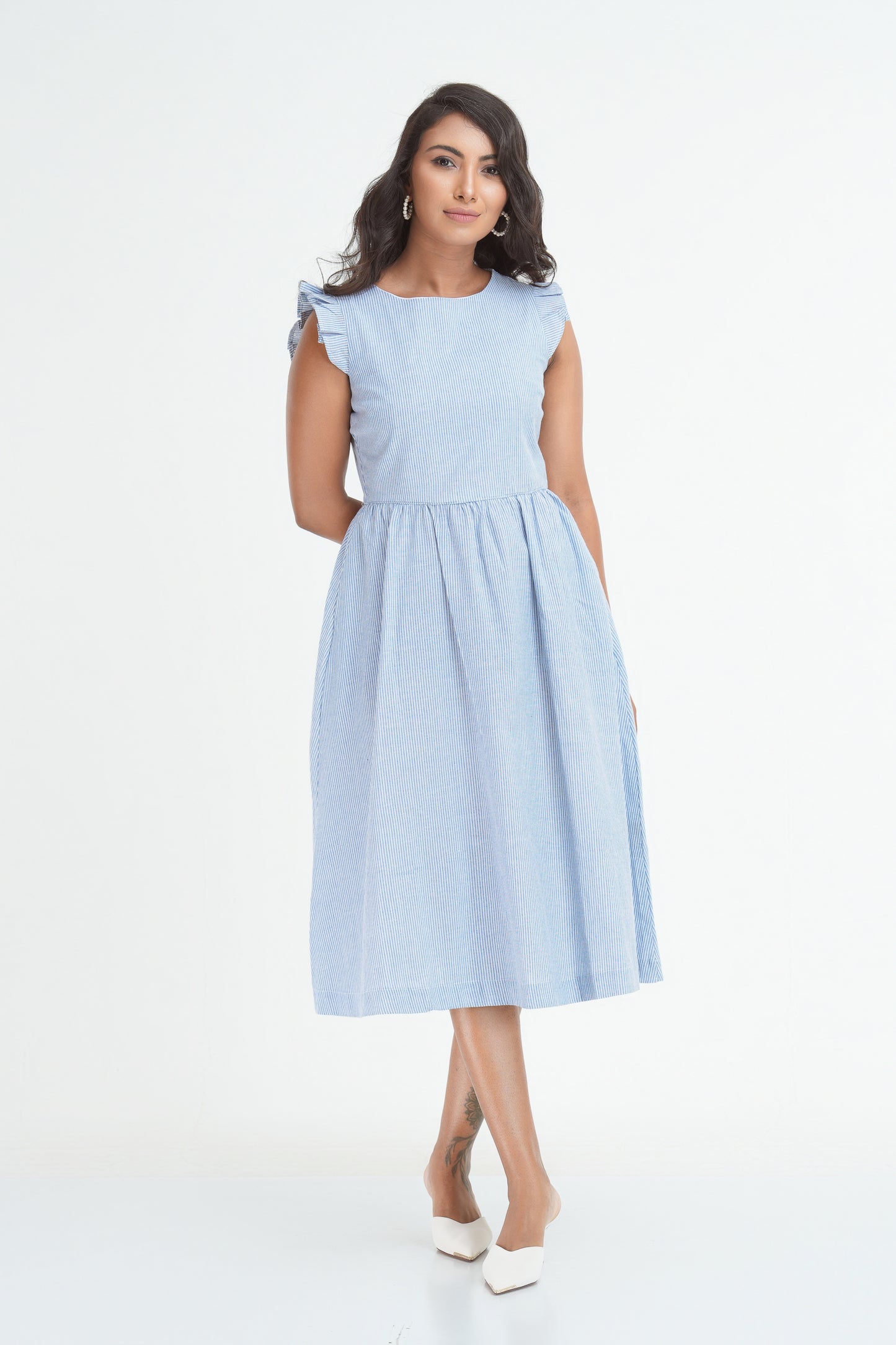 Christie white & Blue linen midi dress