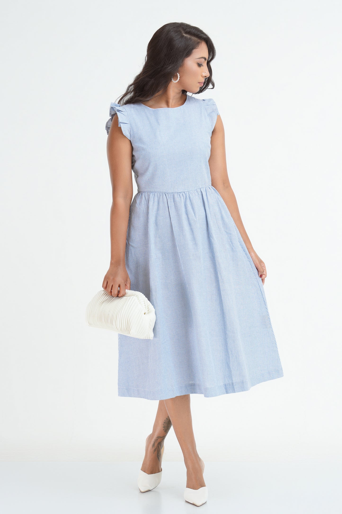 Christie white & Blue linen midi dress