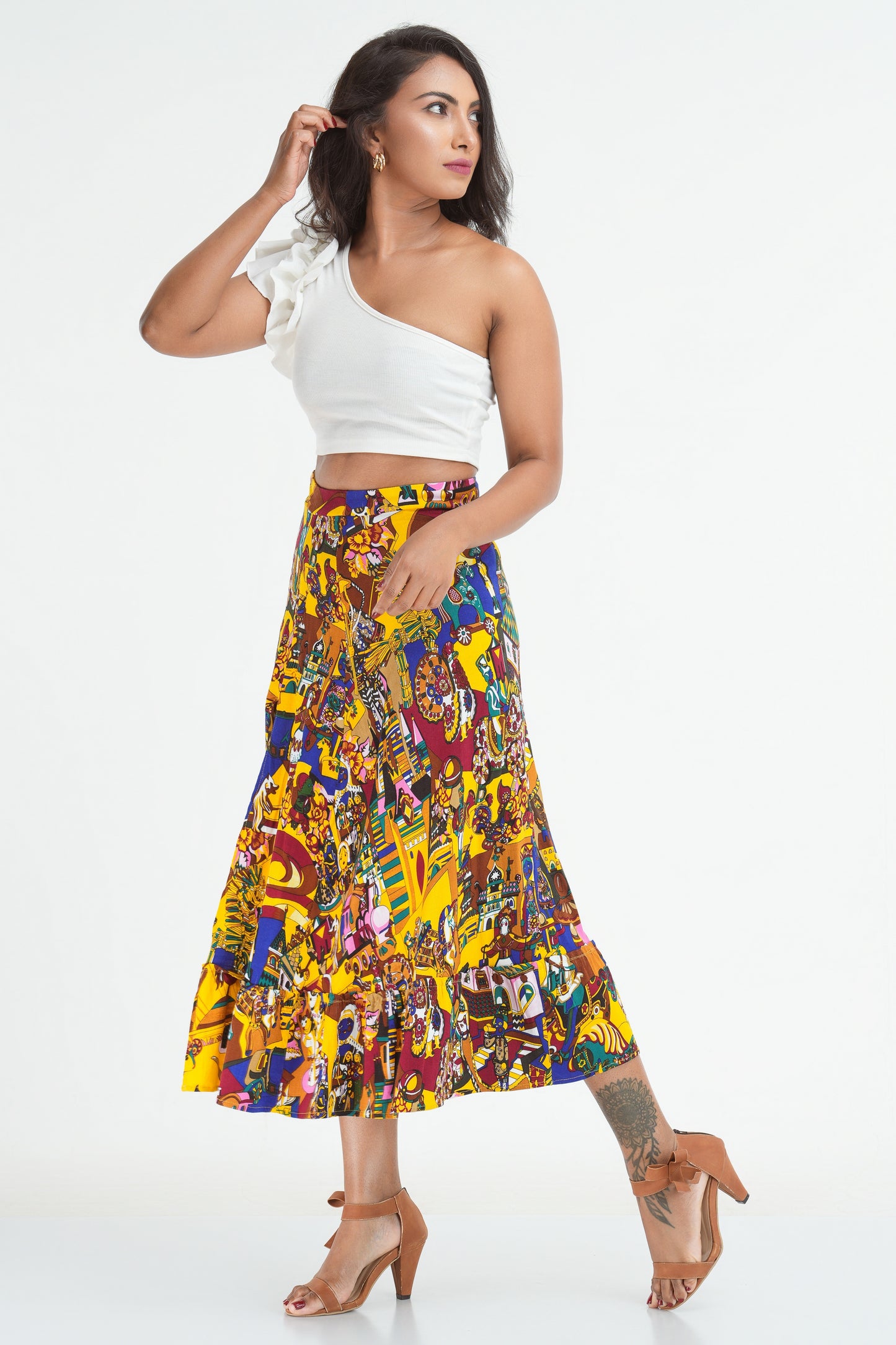 Charlotte Front Slit Multi-coloured Midi Skirt